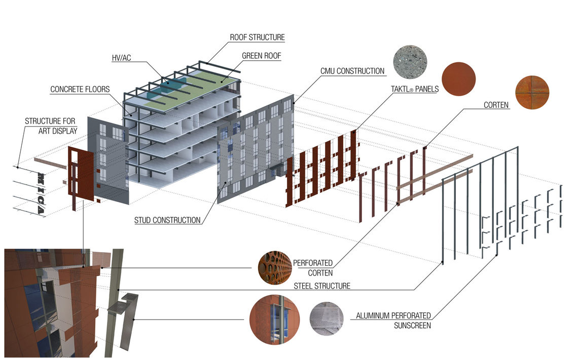 The façade’s unique material palette—contextual structural steel, on-site weathered CorTen, metal rainscreen panels, and machined concrete units—represent honest, exposed construction methodologies.  The building’s balance of modernity and contextuality seamlessly integrates into its campus and neighborhood.