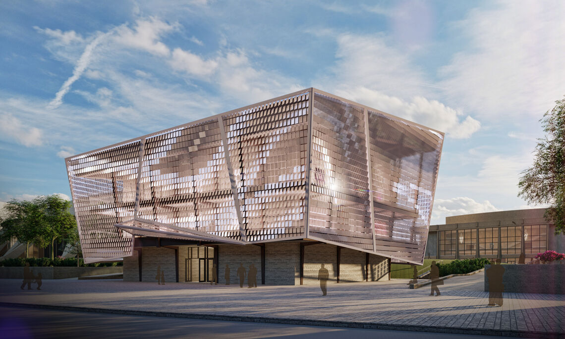 Conceptual render of Chrysler Recital Hall depicting the panelized skin which represents an orchestral movement.