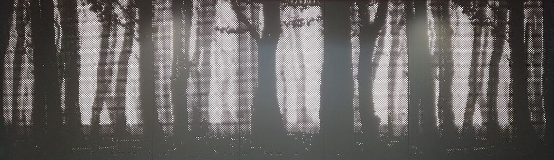 At Crofton High School, we used computational design to create a perforated panel system where varying hole sizes depict an image of the site prior to the school’s construction.